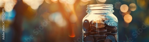 Retirement savings jar filled with coins, soft light, closeup, secure future concept no dust