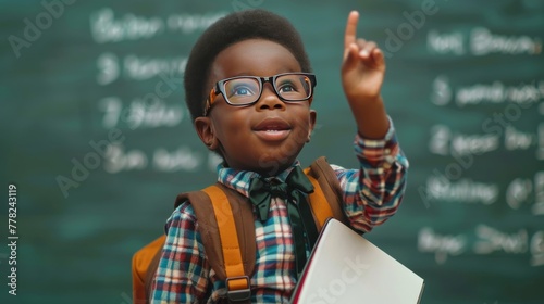 Back to school. Funny little boy African in glasses pointing up on blackboard. Child from elementary school with book and bag. Education. Concept of lifelong learning photo