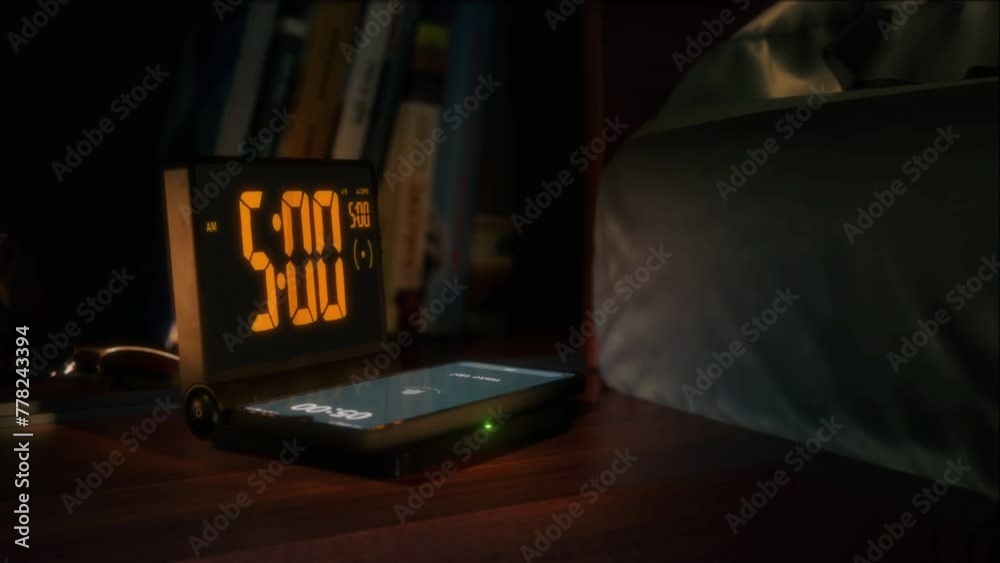 Digital alarm clock with phone charger and orange clockface is waking up at 5 AM. The numbers on the clock screen changes from 4:59 no 5:00 AM. And the alarm goes off on the phone that is charging.