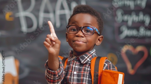 Back to school. Funny little boy African in glasses pointing up on blackboard. Child from elementary school with book and bag. Education. Concept of lifelong learning photo