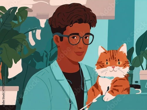 Young man veterinarian treating a cat.  Flat simple illustration.