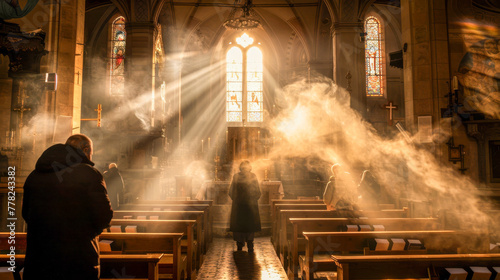 Warm sunlight streams through church windows