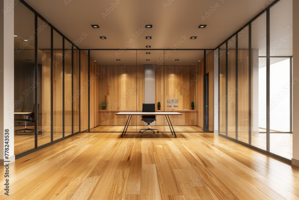 A wooden interior space with an office desk