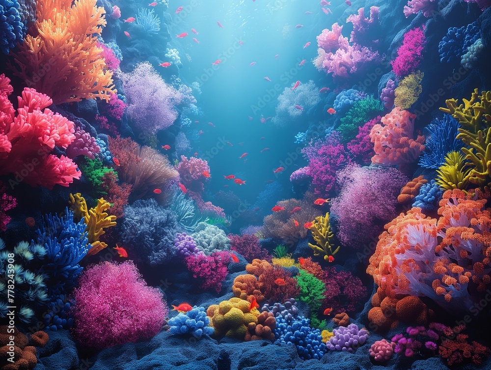 Naklejka premium coral reef teeming with marine life, vibrant colors of corals, fish, and underwater plants