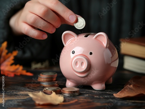 putting coin into a piggy bank, hand putting a coin into a piggy bank