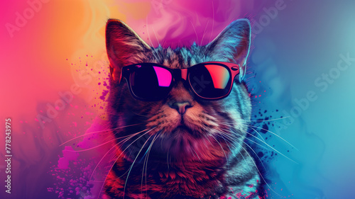 cool cat with sunglasses on colorful background. ultra realistic on a vibrant background Generative AI © Pavithiran