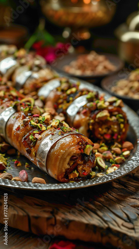 A platter of luxurious kaju anjeer rolls, filled with a mixture of cashews and figs, garnished with silver vark and chopped pistachios, delicious food style, blur background, natural look