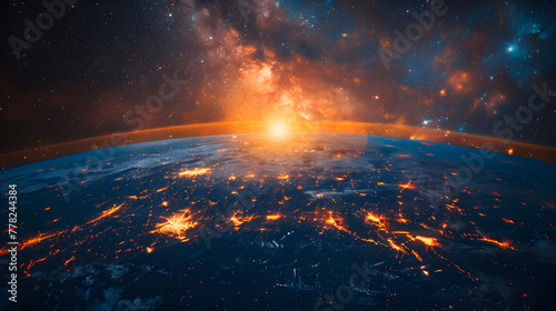 The background image shows the earth from space with stars and the milky way in the background of the night sky. City lights are visible on half of the planet