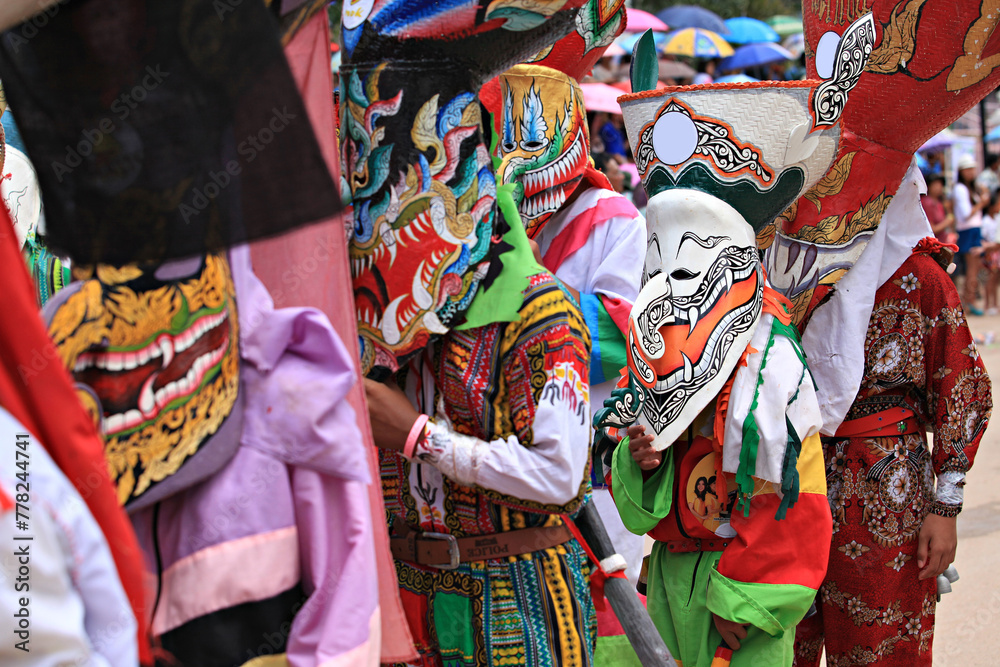 Ghost mask and costume colorful Festival Phi Ta Khon festival at Dan Sai District. Loei Province, Thailand