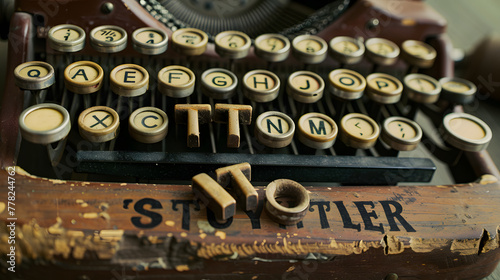 Vintage typewriter keys carefully arranged to spell STORYTELLER on a worn wooden desk