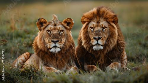 Two lions, a male and a female, sit in the grass. The male has a mane. They are both looking at the camera