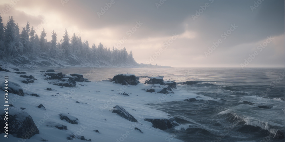Winterlandschaft am Meer, steinge schneebedeckte Küste