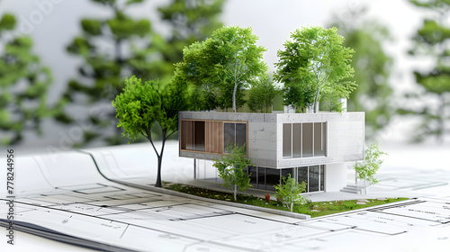 3D model of an ecofriendly building on top of an architectural plan photo