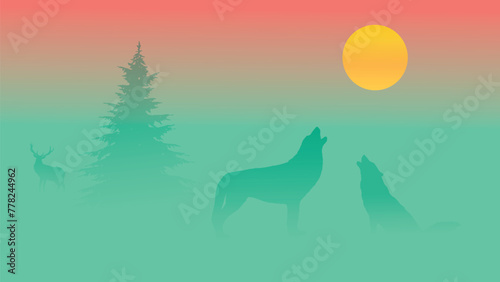 Vector artwork depicting two wolves howling near a tree at sunrise, with a distant deer in a misty forest. A captivating scene perfect for wildlife themes, storytelling, or creative designs photo