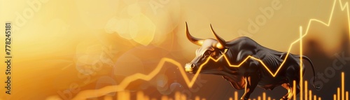 Bull statue with rising stock charts, golden hour light, side angle, symbol of growth low texture #778245181