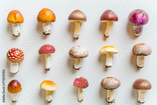Assorted Mushrooms Arranged in a Row on White Surface, Tops Facing Viewer, Variety of Types and Colors