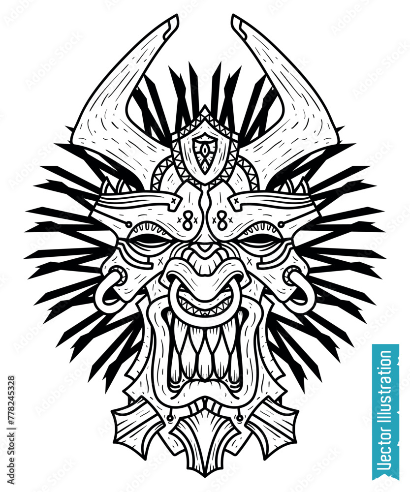 Fototapeta premium Black and White Aztec Warrior Mask Vector Illustration 