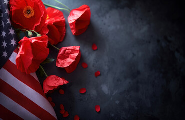 Memorial poppy flower on an American flag to commemorate Memorial Day and Veterans Day in United States AI Generative