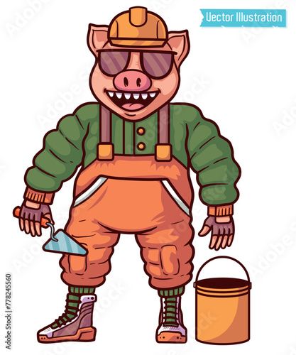 Humorous vector illustration of a cheerful pig builder in overalls, hard hat, and sunglasses holding a trowel and bucket. A playful anthropomorphic character for construction or design themes