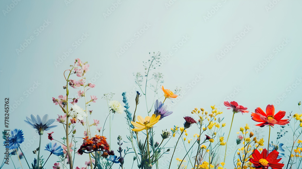 Wildflowers on a blue tabletop.
