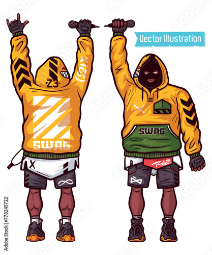 Hip-Hop Artist with Microphone in Swag Hoodie Vector Illustration. Rapper Afro-American
