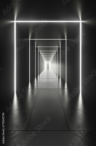 A black and white black of an empty hallway using only lines and light for background © grey