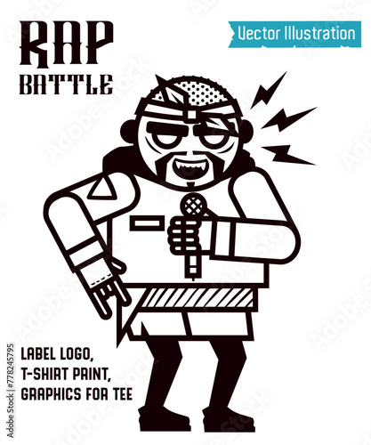 Black-and-white cartoon illustration of a rapper holding a microphone with "Rap Battle" text. A bold and creative design perfect for music-themed, urban, or conceptual projects in EPS format