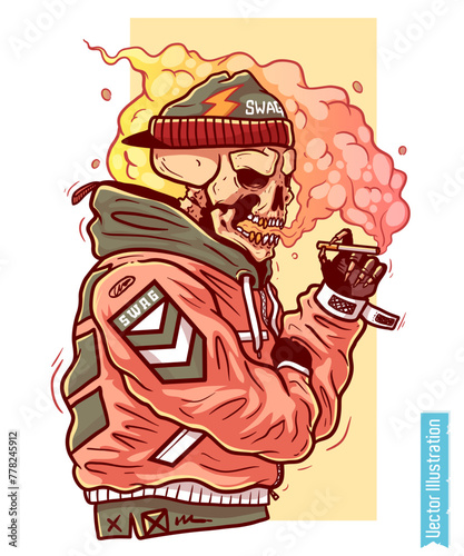 Urban Skull Character in Beanie with Graffiti Spray Can Illustration
