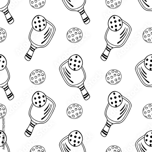 Pickleball paddles black outline seamless patterns
