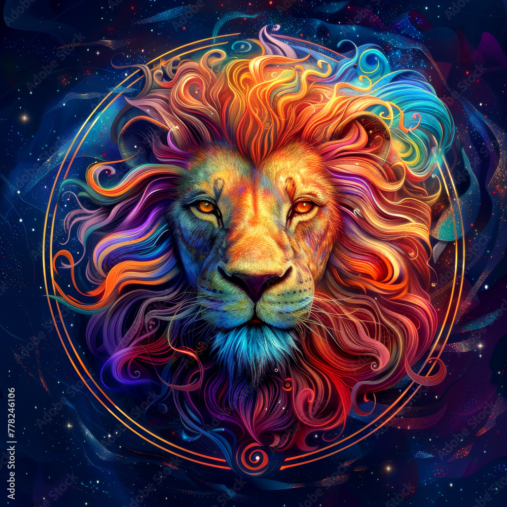 Leo's rainbow roar: colorful zodiac sign in digital style