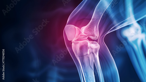 A closeup of the knee joint, showing pain and redness on one side. The background is a dark blue with soft lighting highlighting that part of an X-ray photo