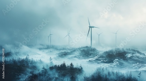 Abstract composition of wind turbines on a cloudy day, desaturated colors photo