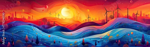 Abstract pattern of renewable energy symbols like wind turbines and solar panels  bright and energetic colors