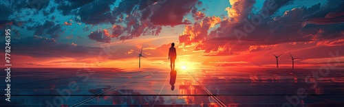 Alternative energy sources like solar panels and wind turbines against a vibrant sunset sky, hopeful and inspiring photo