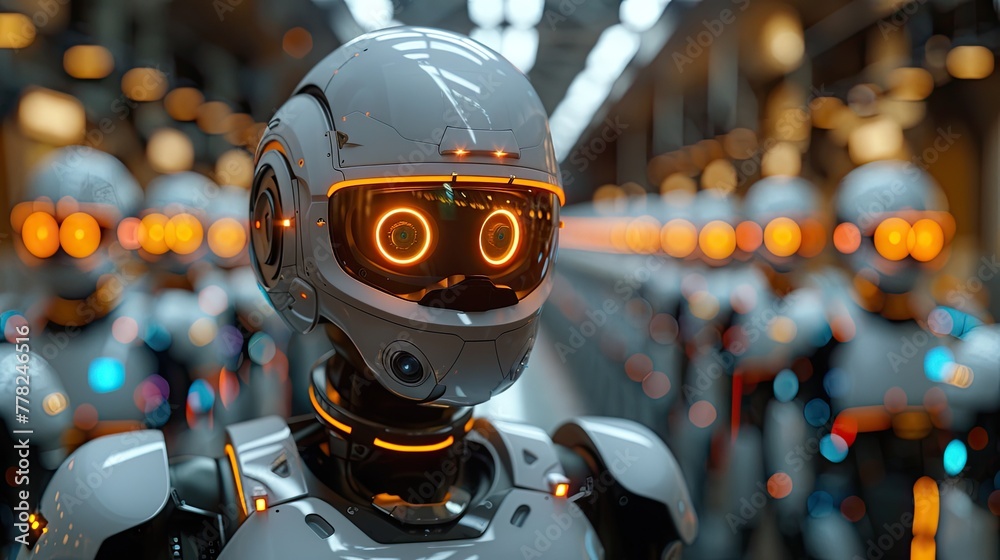 Automation robots working in a factory setting, futuristic neon lighting Automation robots working in a factory setting, futuristic neon lighting