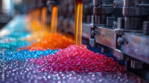 Brightly colored plastic pellets melting in an injection molding machine, liquid plastic flowing into molds photo