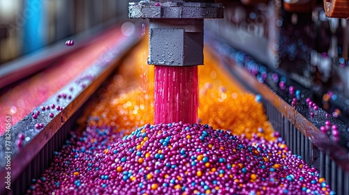 Brightly colored plastic pellets melting in an injection molding machine, liquid plastic flowing into molds photo
