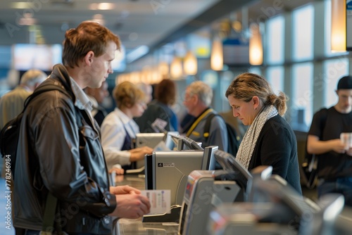 Passengers interacting with airline staff at an airport check-in counter photo