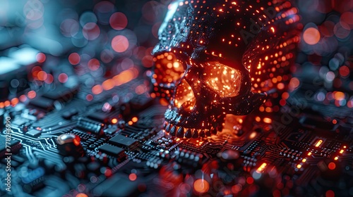 cyber attack concept with digital skull and crossbones on a dark background, hacker threat symbol photo