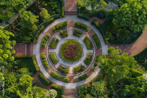A circular garden is centrally located in a park, surrounded by pathways and greenery, creating an organized and structured landscape design