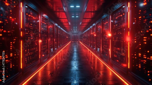 Data servers glowing in a dark room, technology infrastructure concept