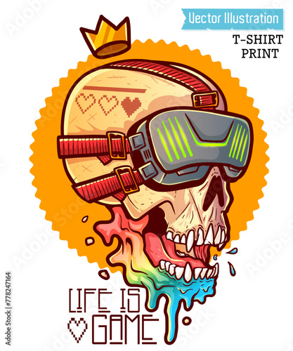 Gamer Skull with Crown and VR Goggles T-Shirt Print Design

