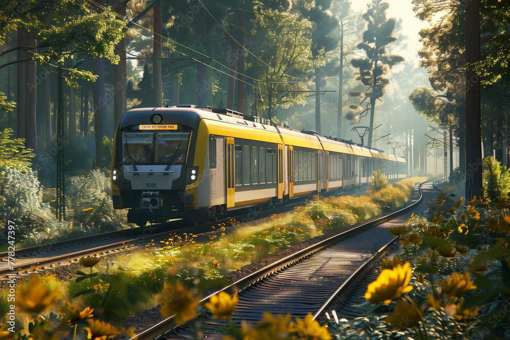 Obraz premium Modern Blue German Train Journey Through Summer Forest
