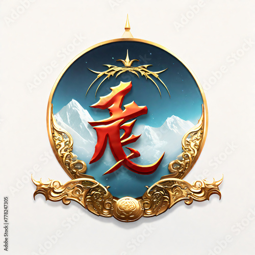 Chinese calligraphy in golden frame on white background. 3D rendering