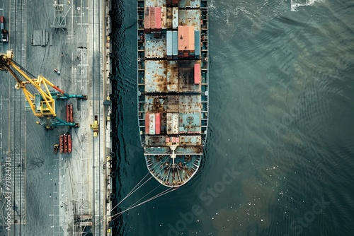 A large cargo ship unloading cargo containers in the water, captured from above © Ilia Nesolenyi