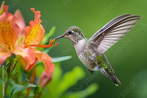 A tiny, iridescent hummingbird hovers near a flower, its long beak dipping into the nectar