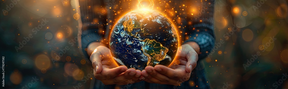 Hands holding a globe with energy-efficient light bulbs lighting up different continents, global concept - obrazy, fototapety, plakaty 