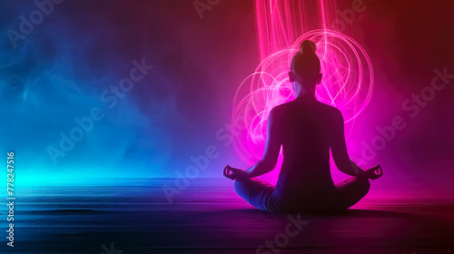 yoga girl meditating in lotus position with chakra lines emitting with neon vibrant smoky environment