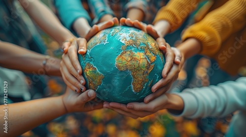 Group of diverse people holding hands in a circle around a globe, unity for sustainable energy #778247529