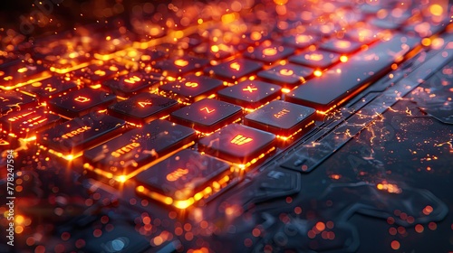 High magnification photograph of computer keyboard keys, sci-fi lighting effects